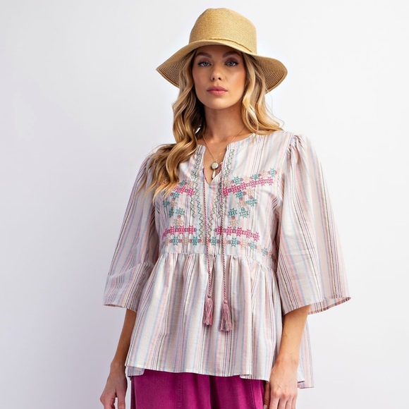 easel Tops - Easel STRIPED COTTON LINEN EMBROIDERED TOP
